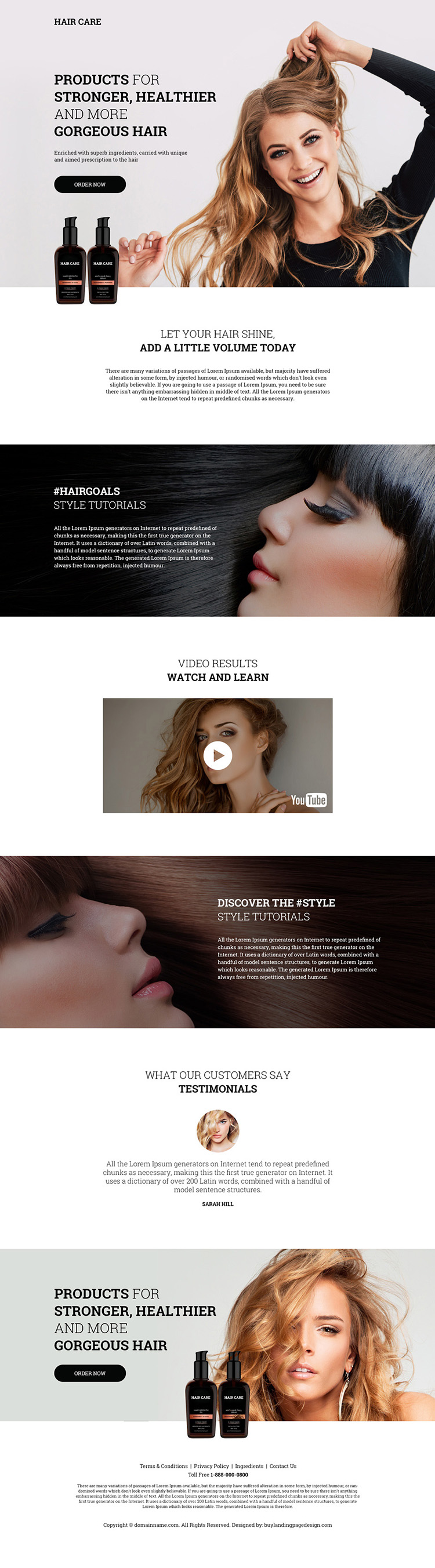 hair care products selling responsive landing page design