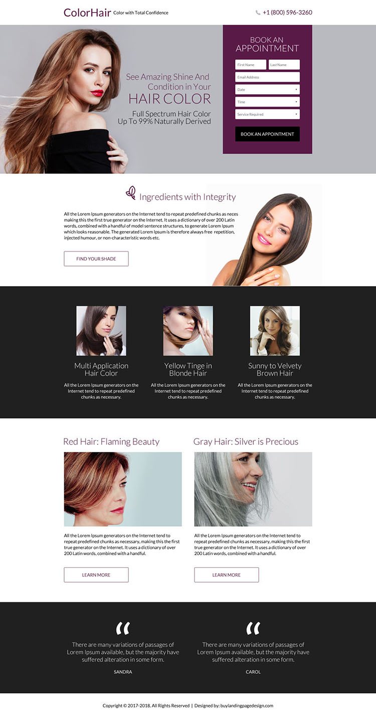 responsive hair coloring service landing page design