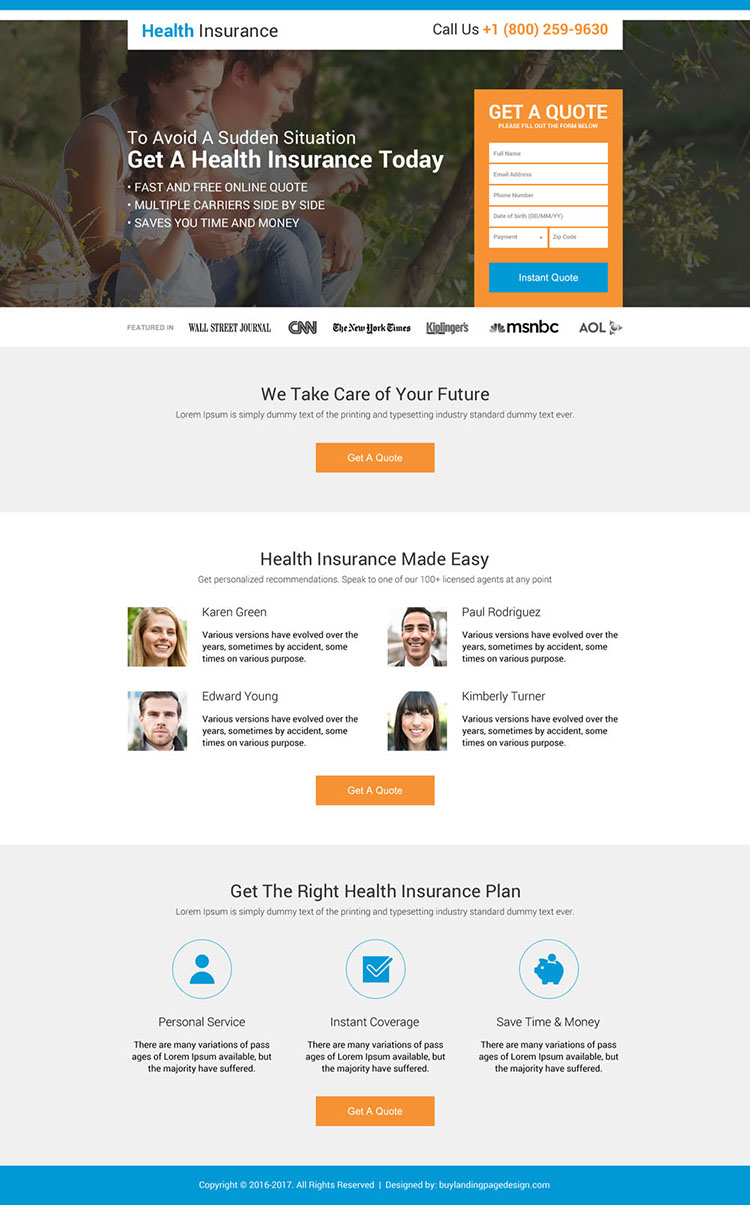 health insurance instant coverage landing page design