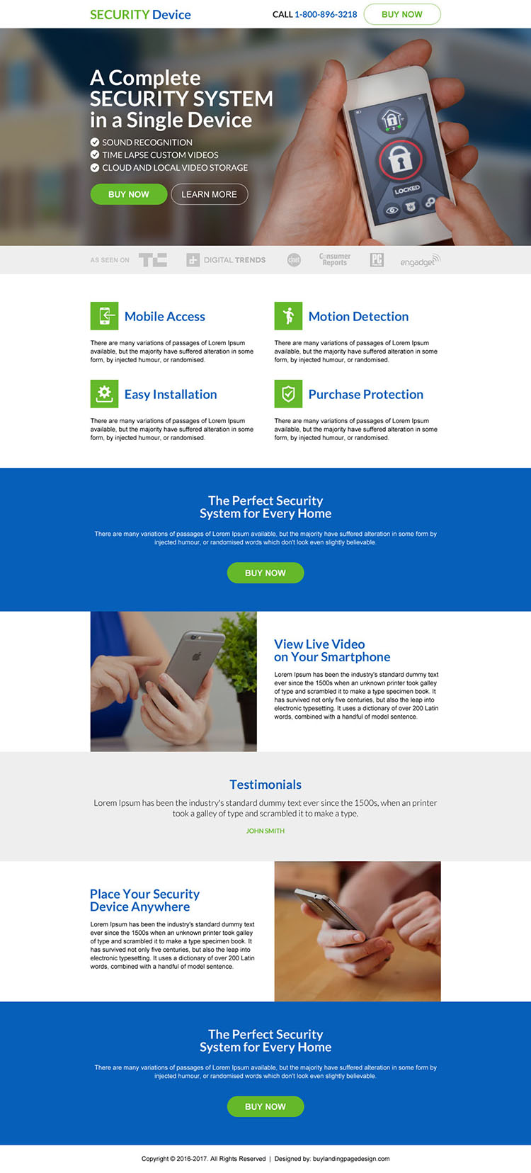 security system device selling landing page design