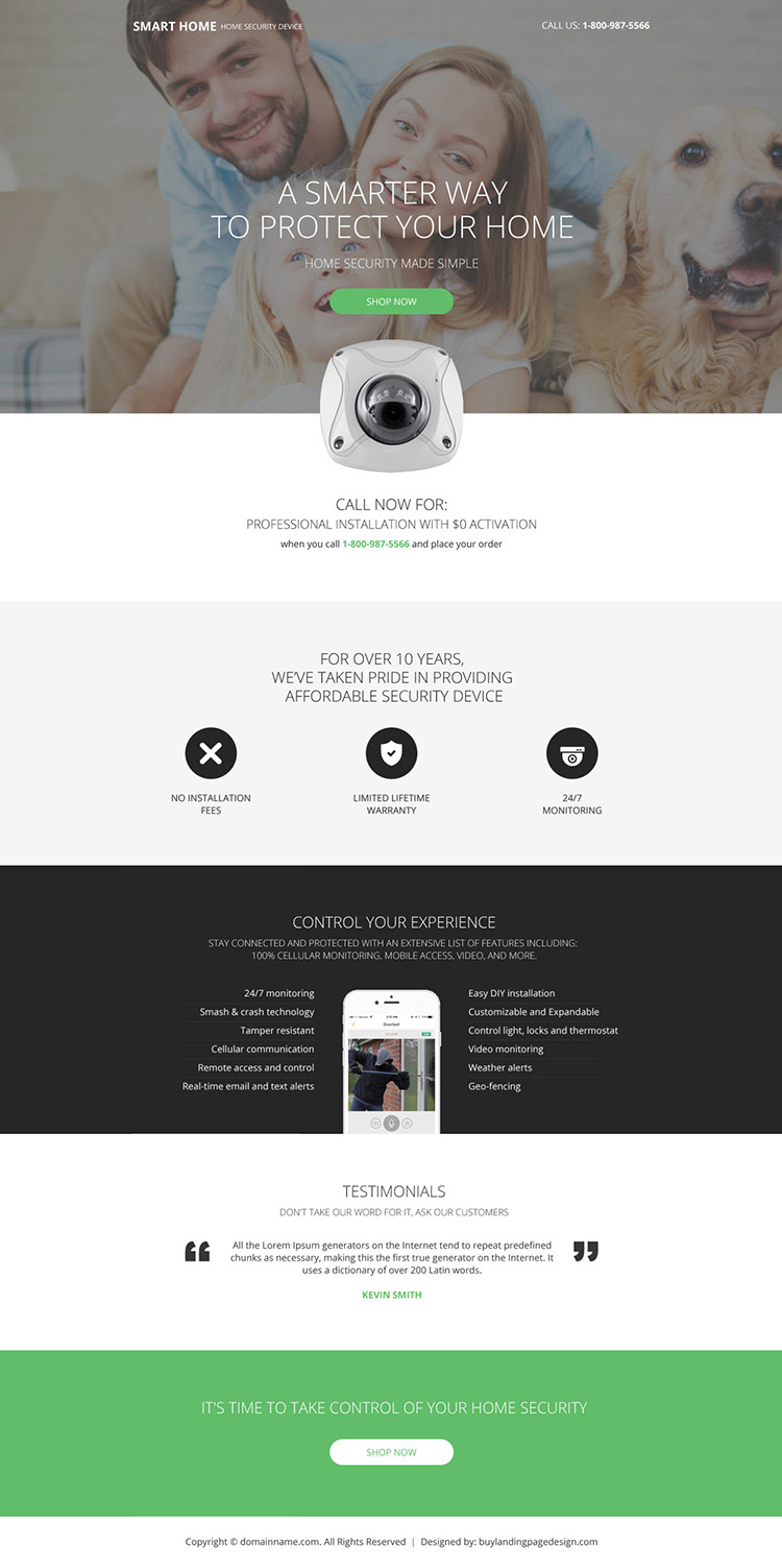 home security device selling responsive landing page