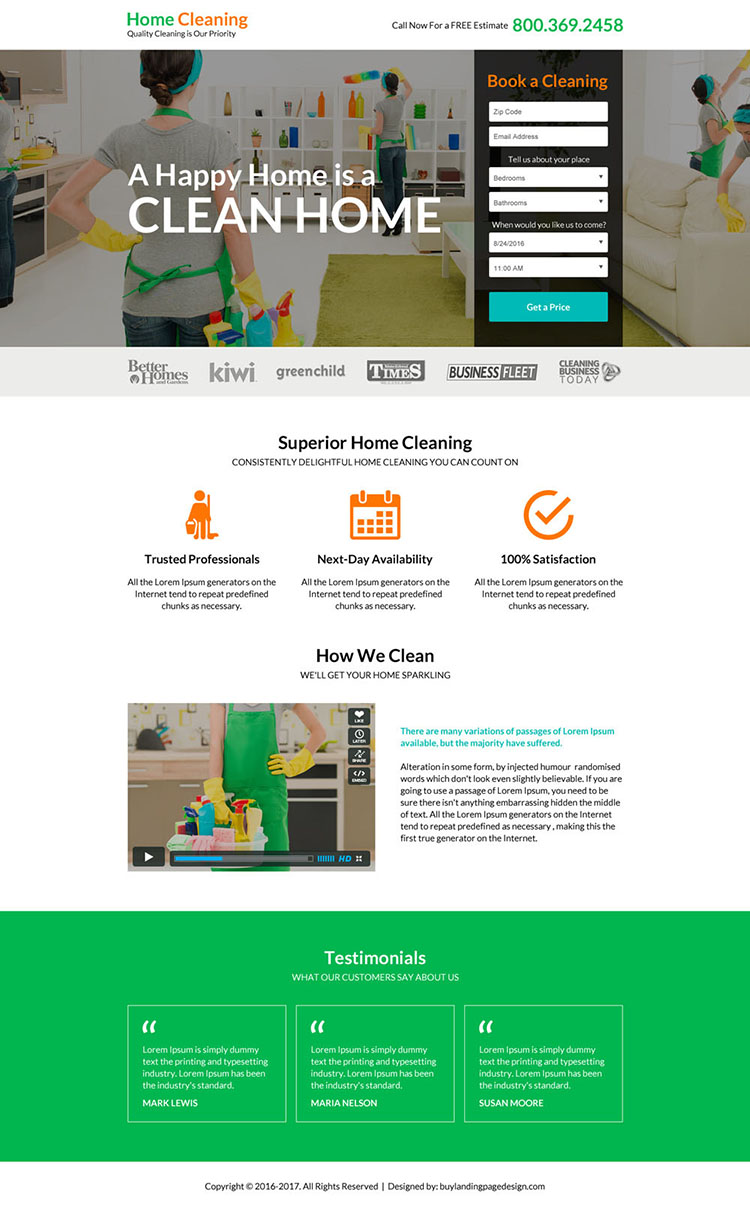 superior home cleaning service responsive landing page design