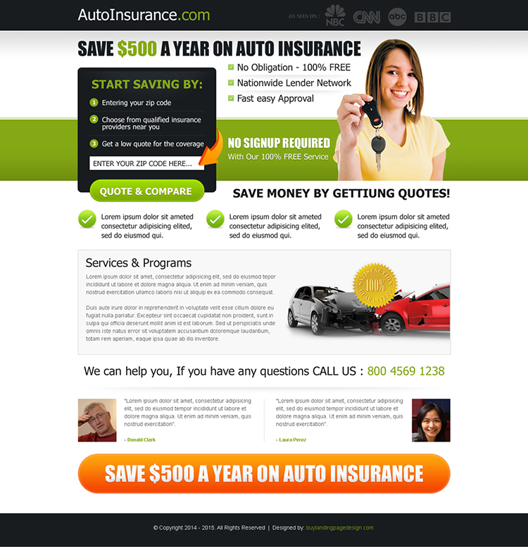 save money on your auto insurance effective lead capture landing page design