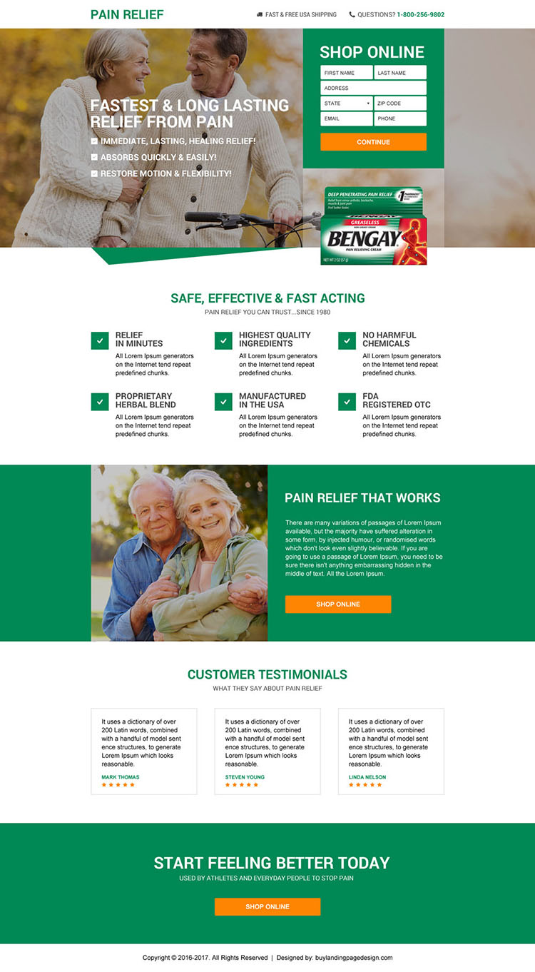 responsive best pain relief product selling landing page design