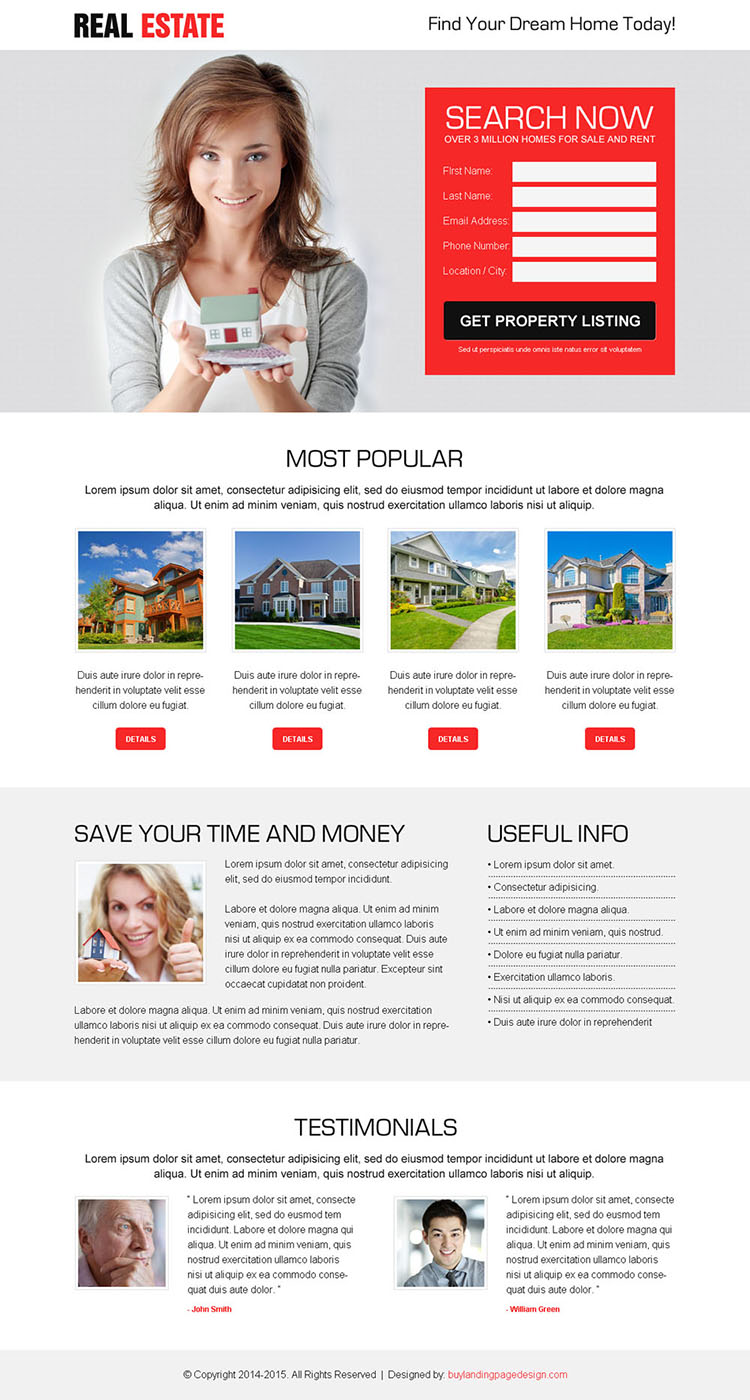 best real estate property listing clean and effective lead generating landing page design