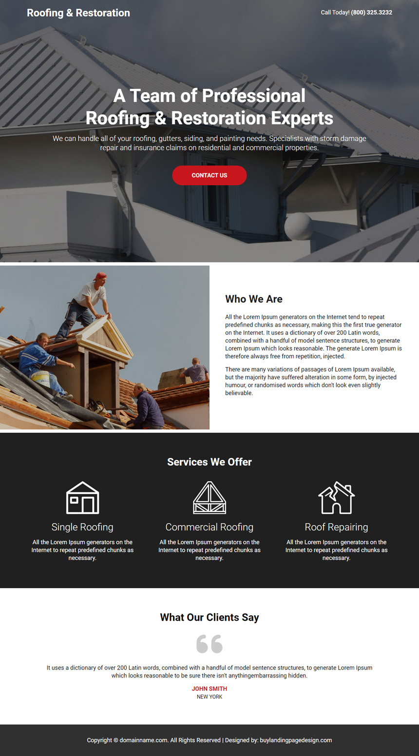 professional roofing and restoration service lead capture landing page