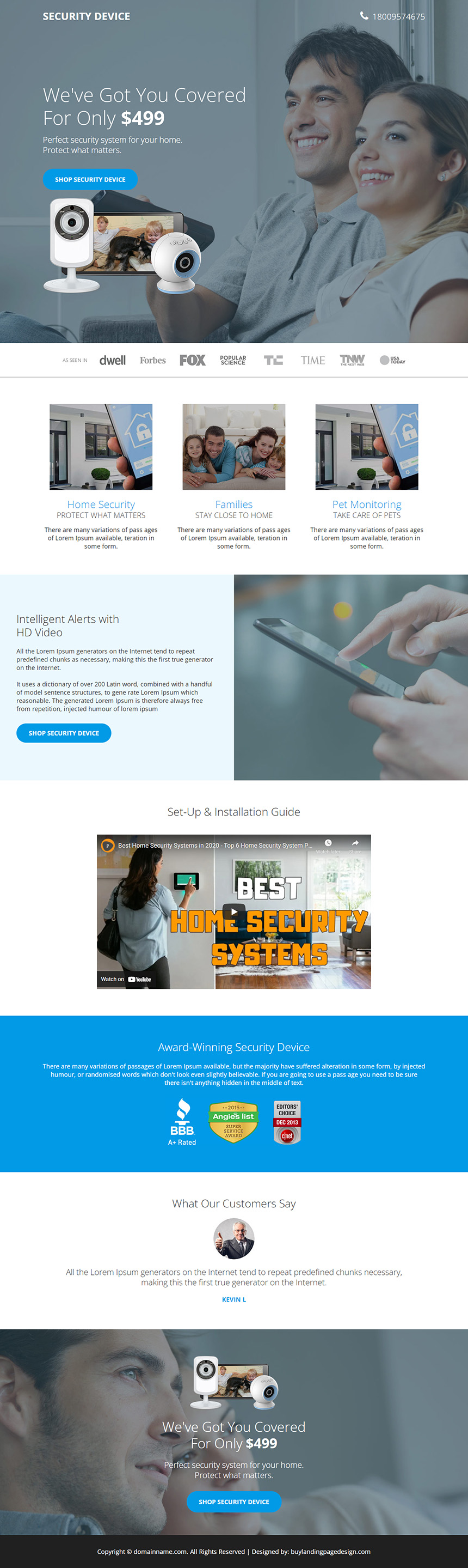 home security device responsive landing page design