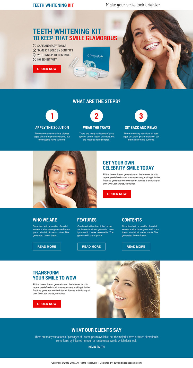 best selling teeth whitening kit selling call to action responsive landing page