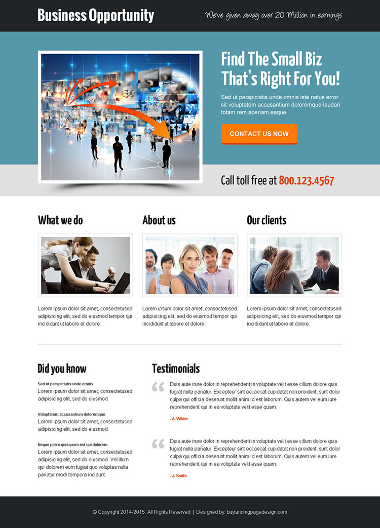 delightful and professional small business opportunity call to action landing page design template
