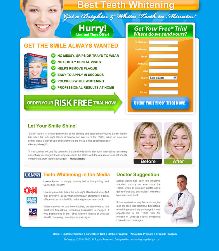 best teeth whitening product lead capture html landing page design template