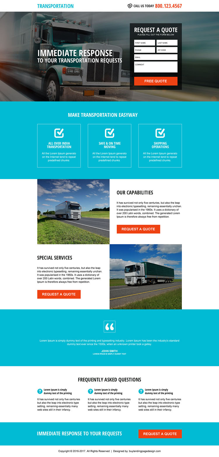 responsive free quote lead form transportation landing page