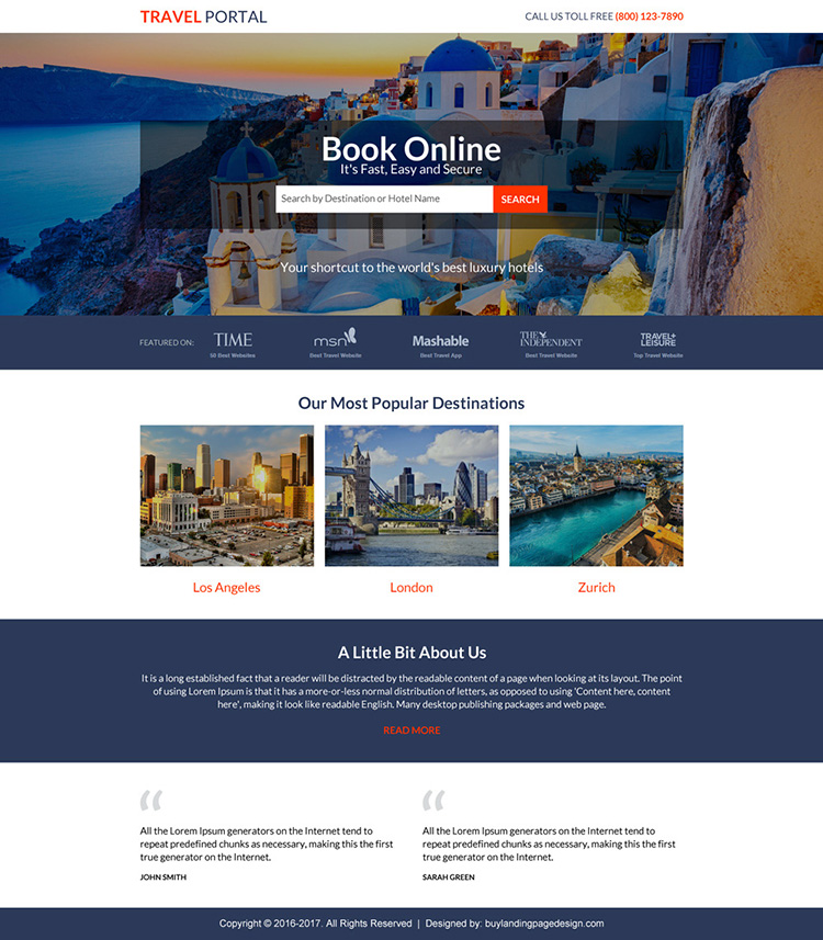 responsive travel portal lead capturing landing page