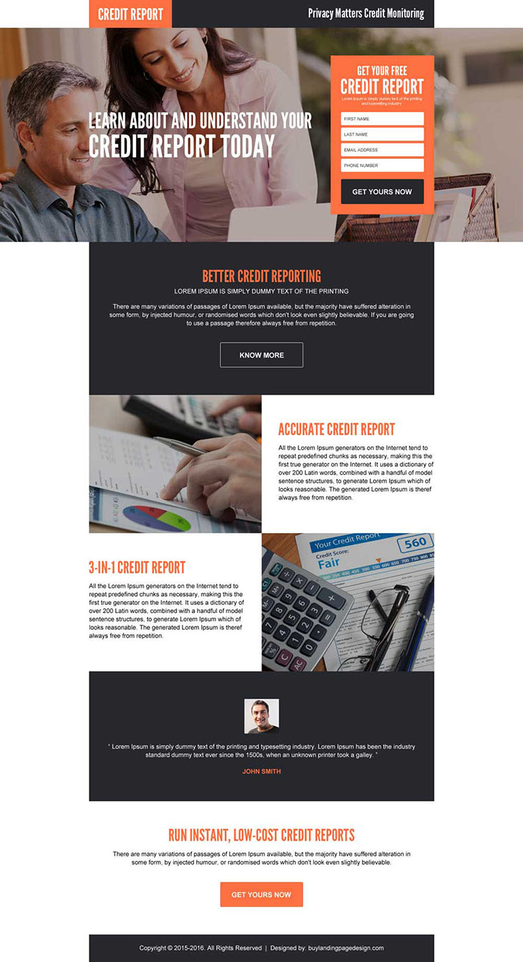 credit monitoring responsive landing page design