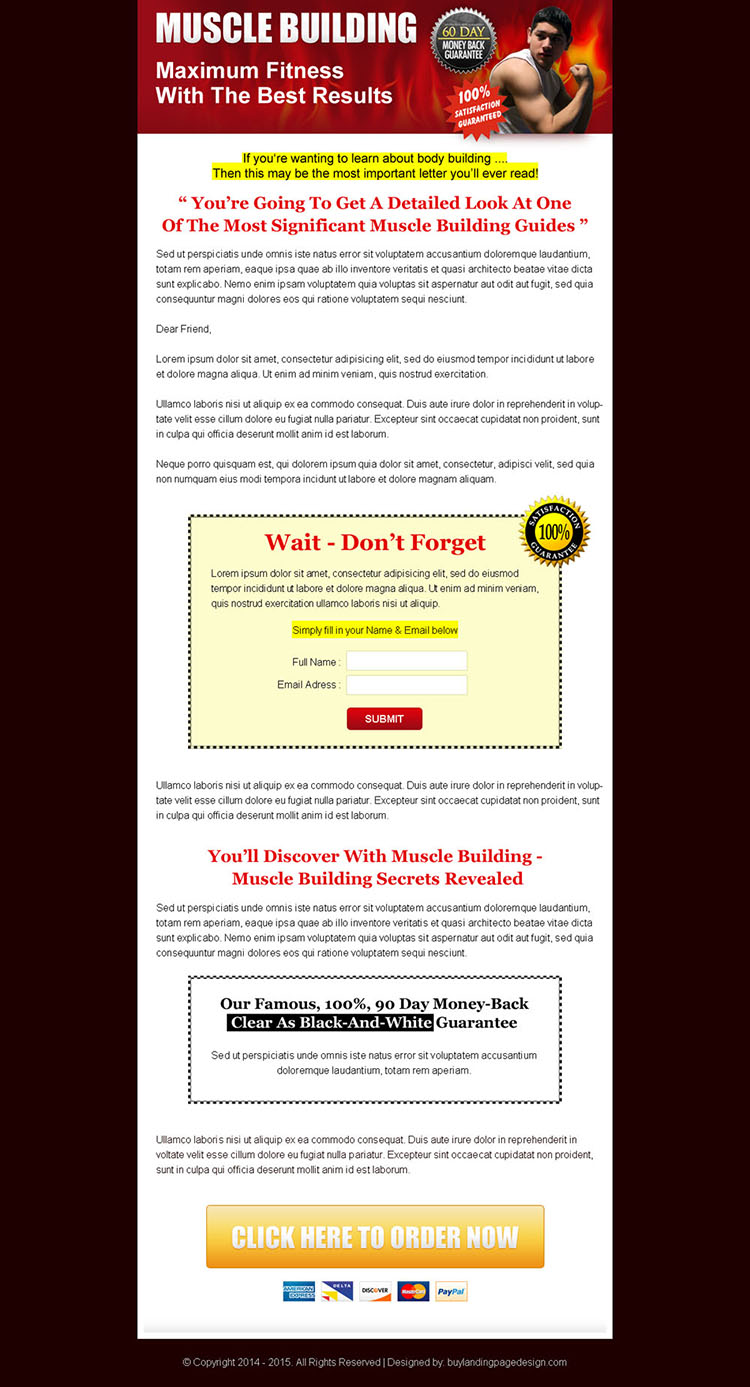 maximum fitness muscle building long lead capture sales page design