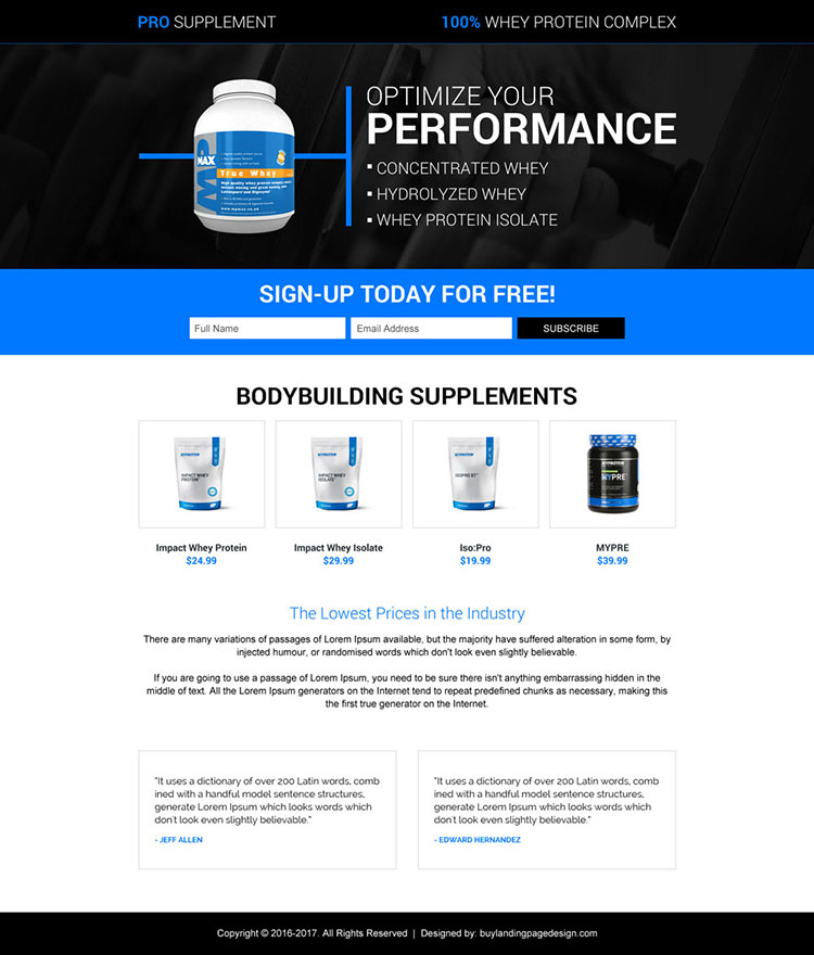 responsive body building pro supplements landing page