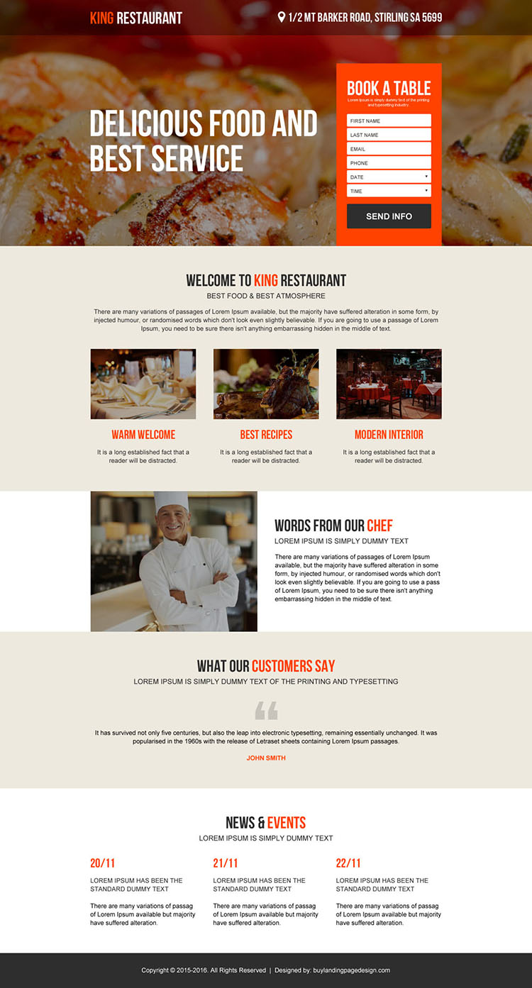 restaurant online booking responsive landing page design