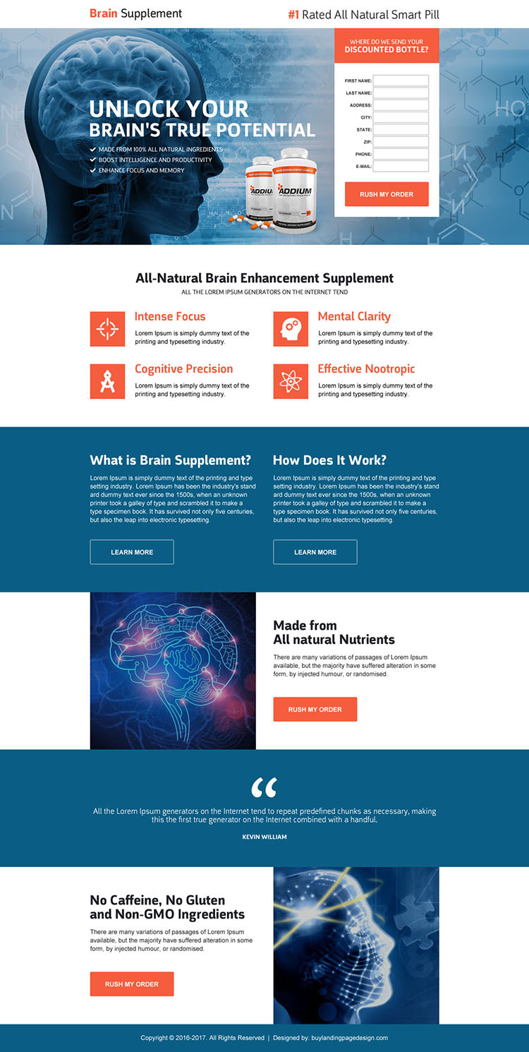 brain supplement lead capturing landing page design