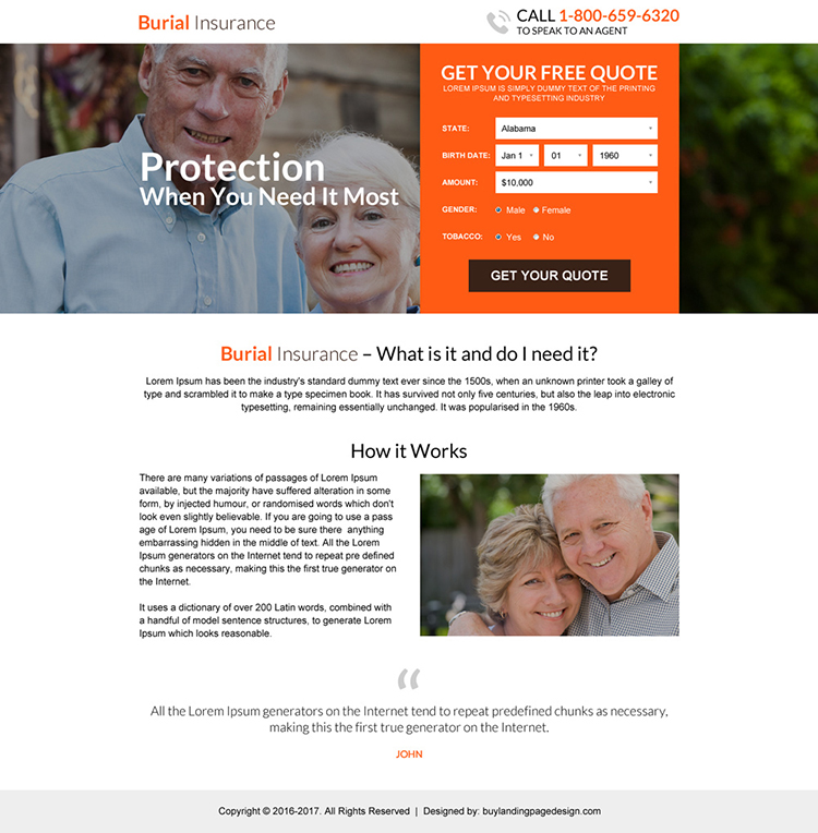 responsive burial insurance free quote lead capturing landing page