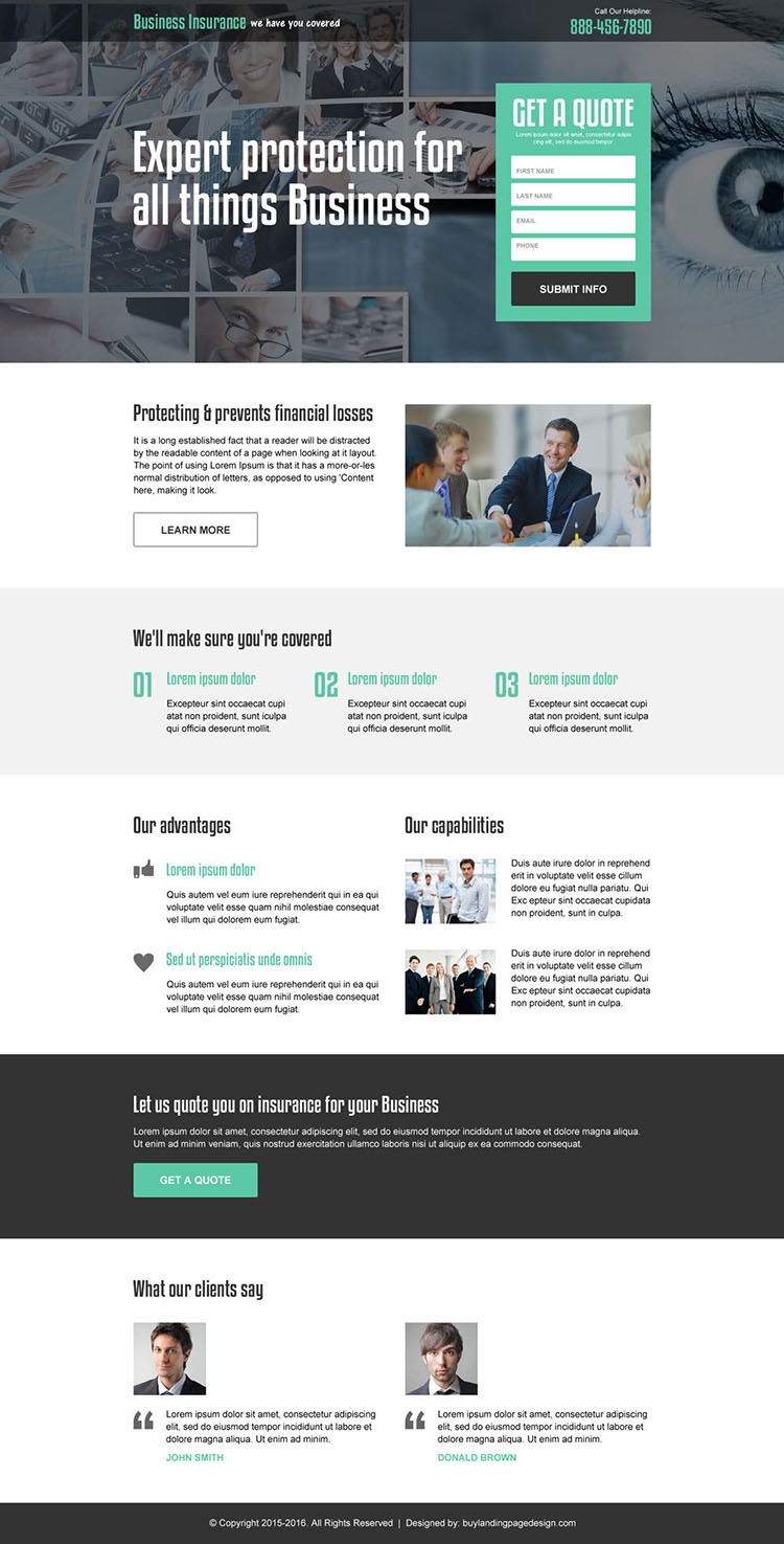 business insurance professional and clean landing page
