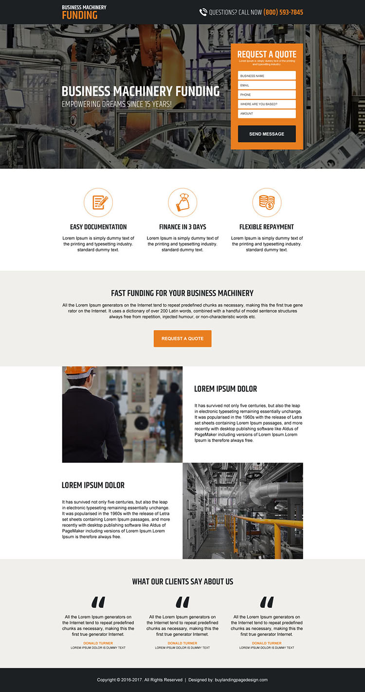 business machinery funding lead capturing landing page design