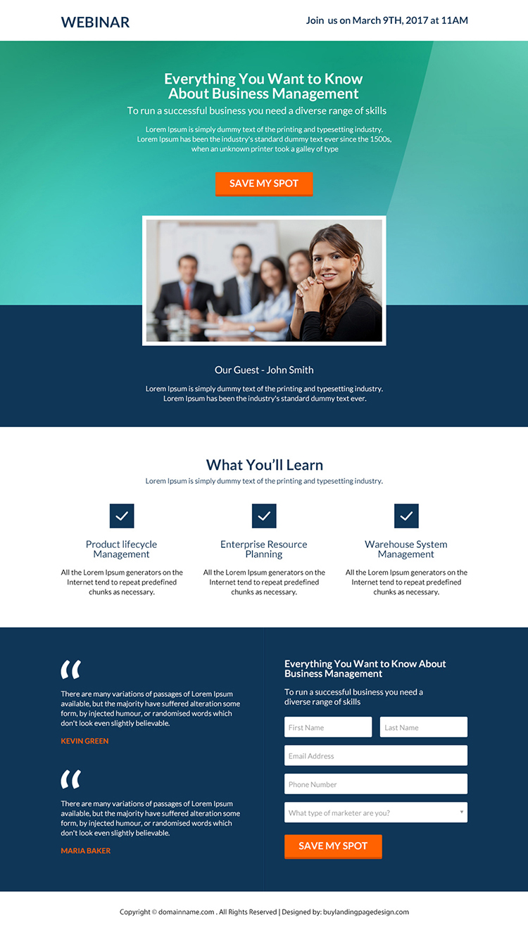 business management webinar responsive landing page