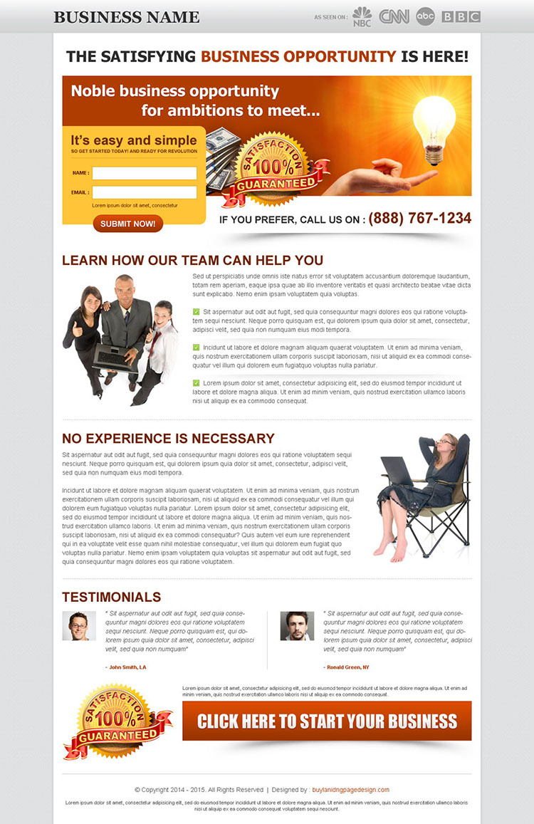 noble business opportunities for ambitions small and creative lead capture landing page design