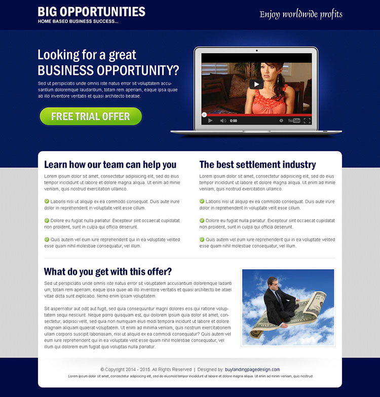 big business opportunity video trial offer landing page design