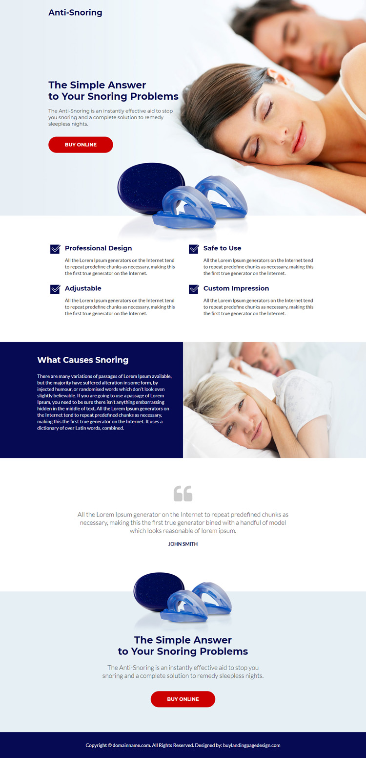 anti snoring device call to action responsive landing page