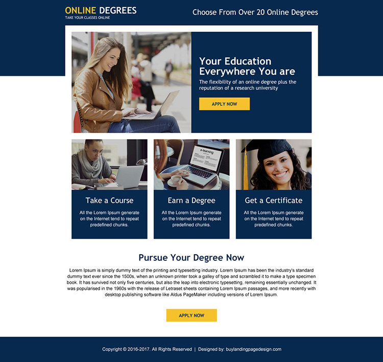 responsive online degree minimal landing page design