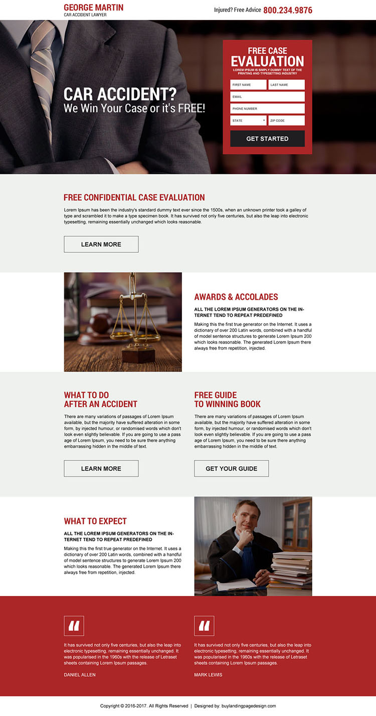 car accident lawyer case evaluation landing page design