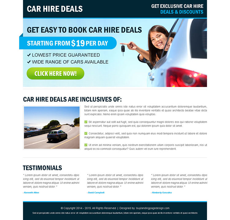 car hire call to action effective landing page