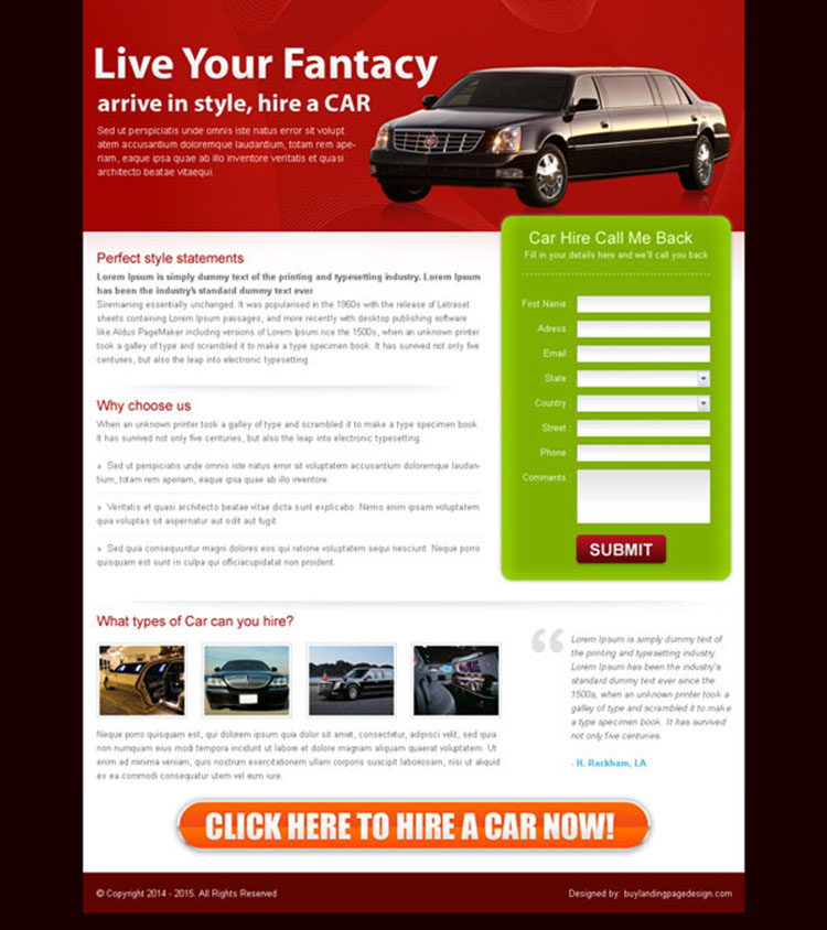 car hire effective lead capture landing page design for sale