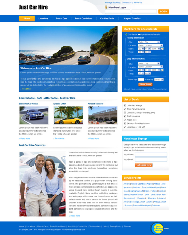 car hire lead capture clean and effective website template design psd