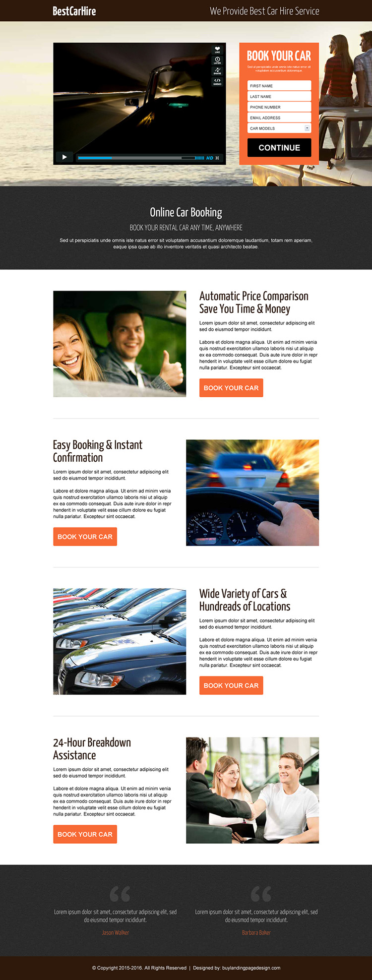 best car hire lead capture responsive video landing page design