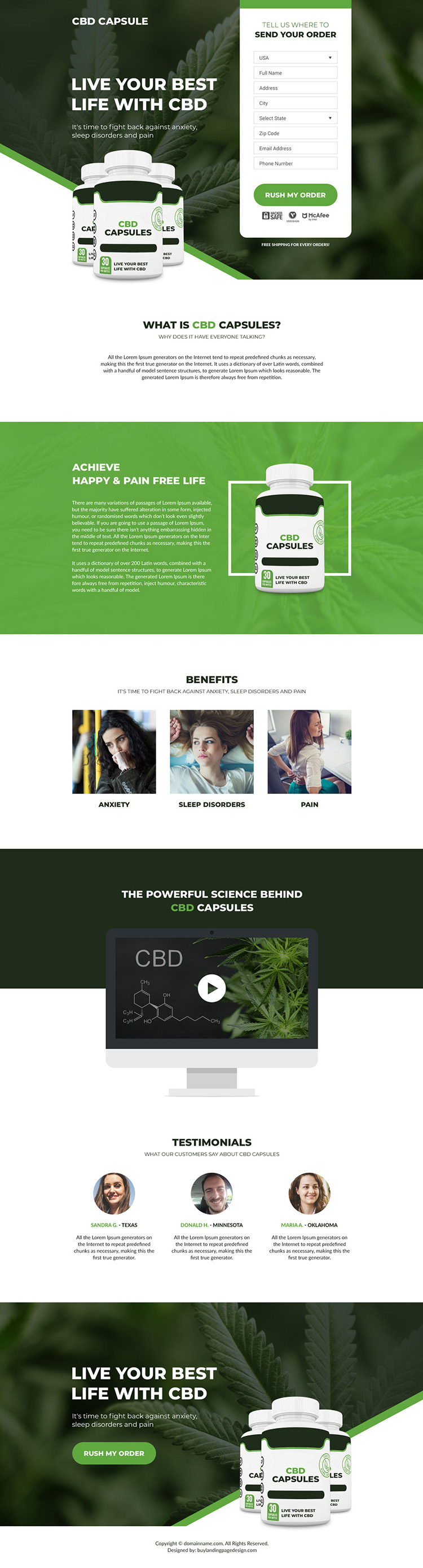 cbd capsules pain relief responsive landing page design