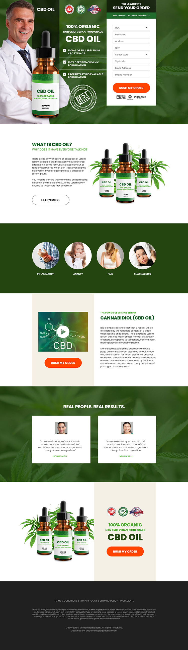 CBD oil pain relief product responsive landing page design