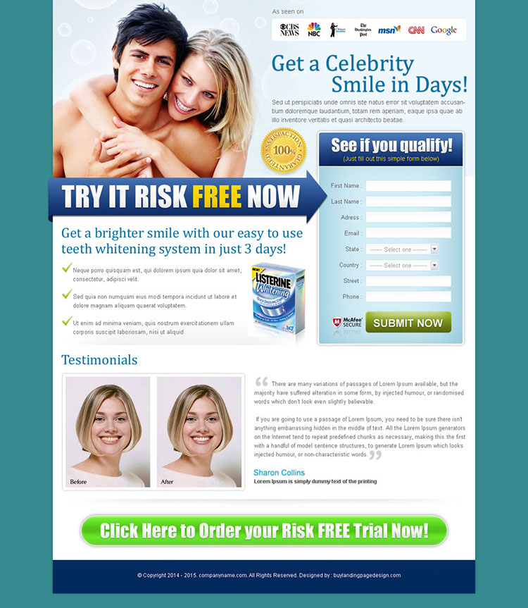 celebrity smile lead capture teeth whitening lander design