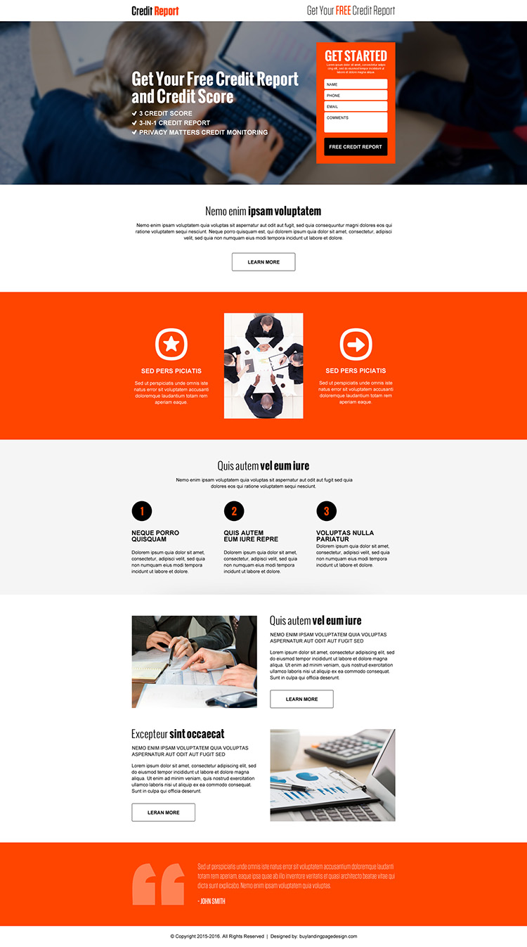 responsive free credit report and credit score landing page design