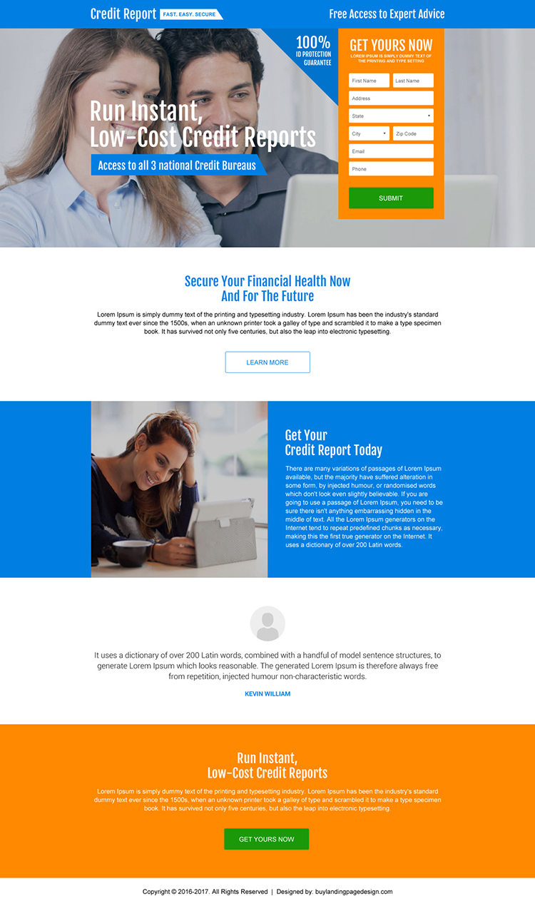 responsive credit report lead capturing landing page design