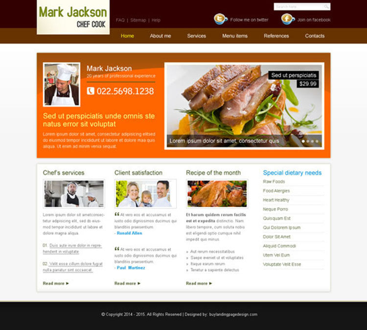 professional cook clean and professional website template design psd for personal website