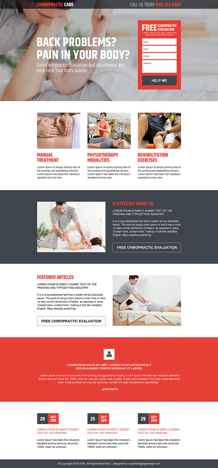 chiropractic treatment free evaluation lead capture landing page design