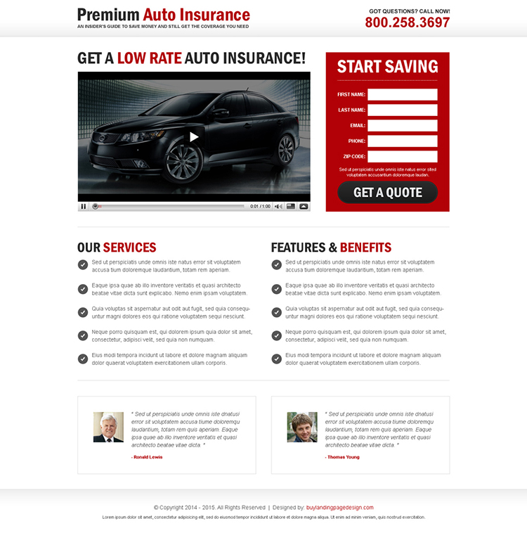 premium auto insurance lead capture video landing page design