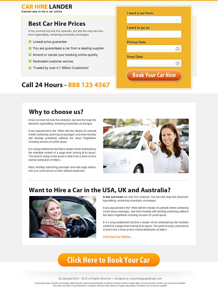 minimal looking car hire lead capture landing page design