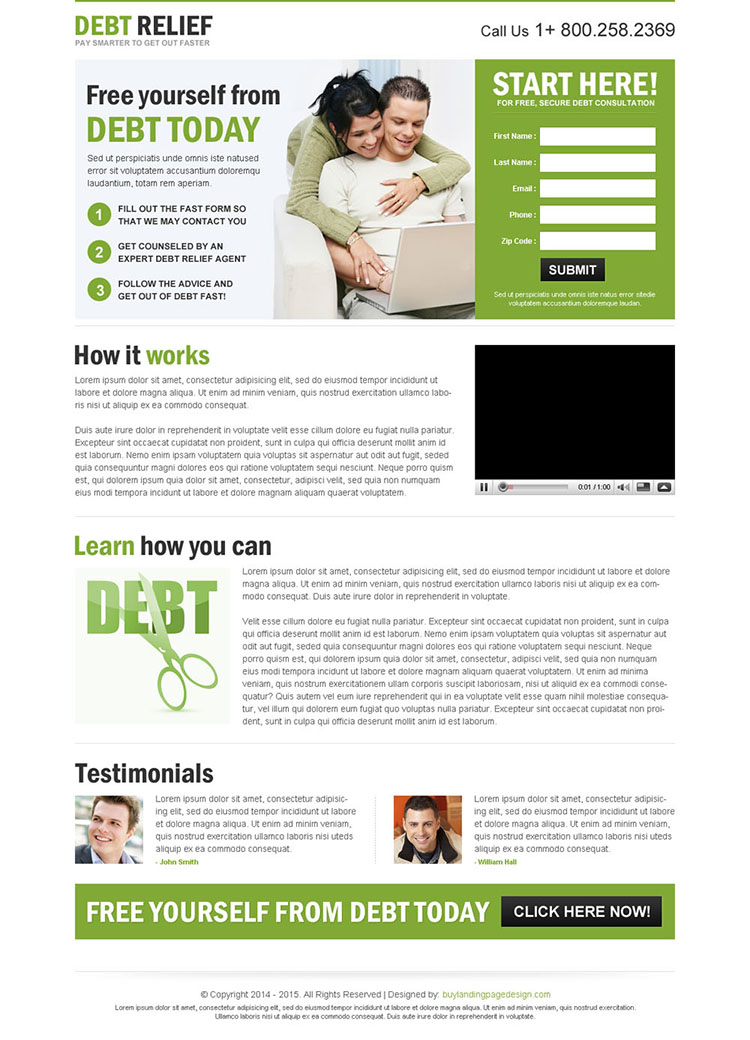 clean converting debt relief responsive lead capture landing page design templates