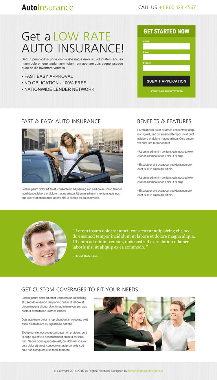 clean creative converting and flat responsive auto insurance lead capture landing page design templates