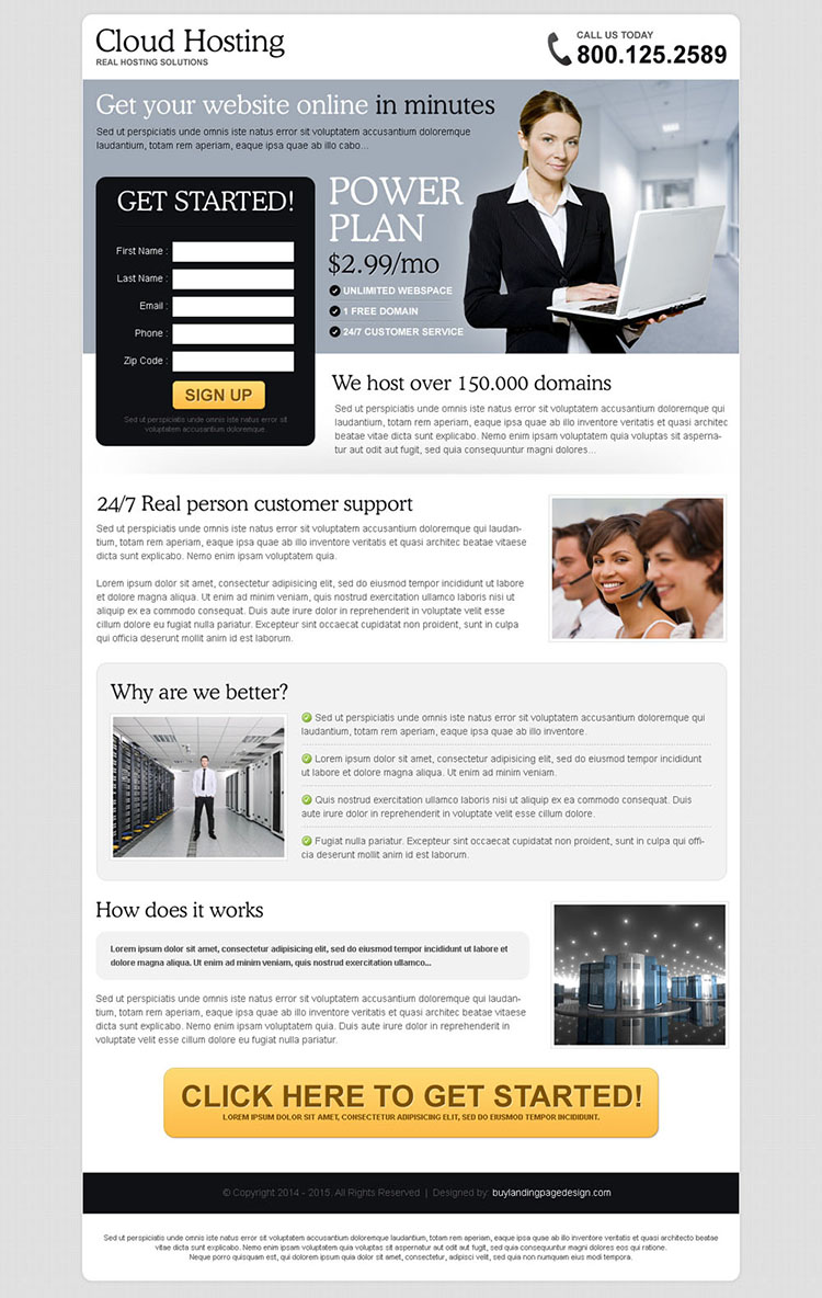 clean effective and converting lead capture landing page design for web hosting company