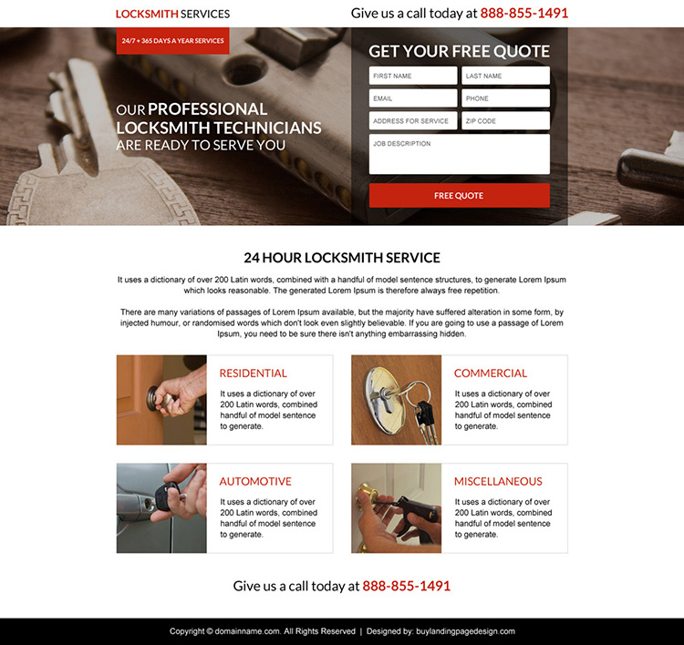 commercial locksmith service lead capturing responsive landing page