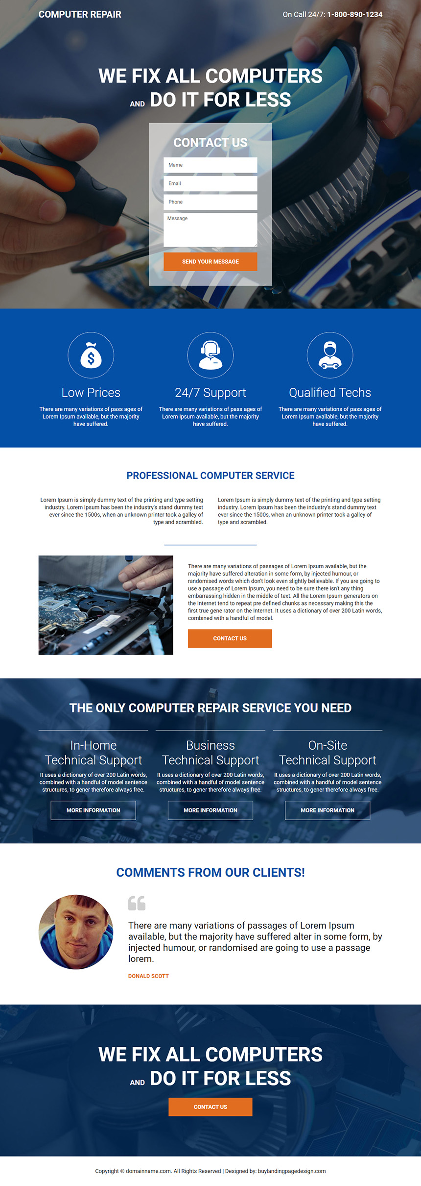 professional computer repair service landing page design