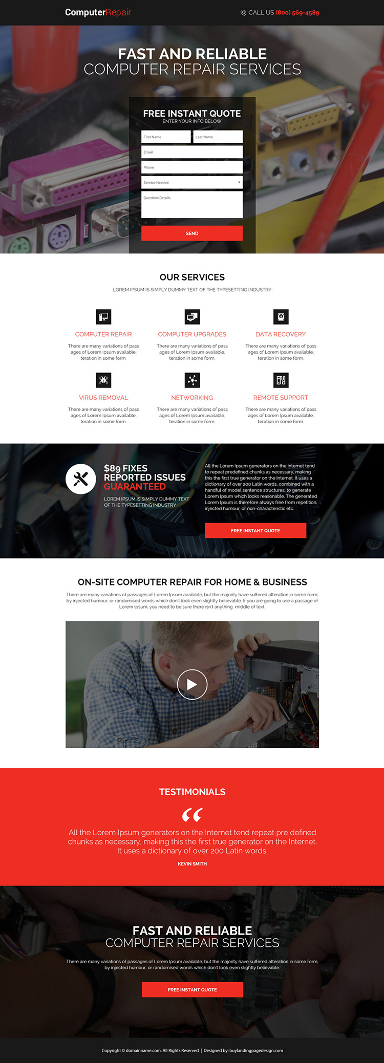 computer repair service instant quote landing page design