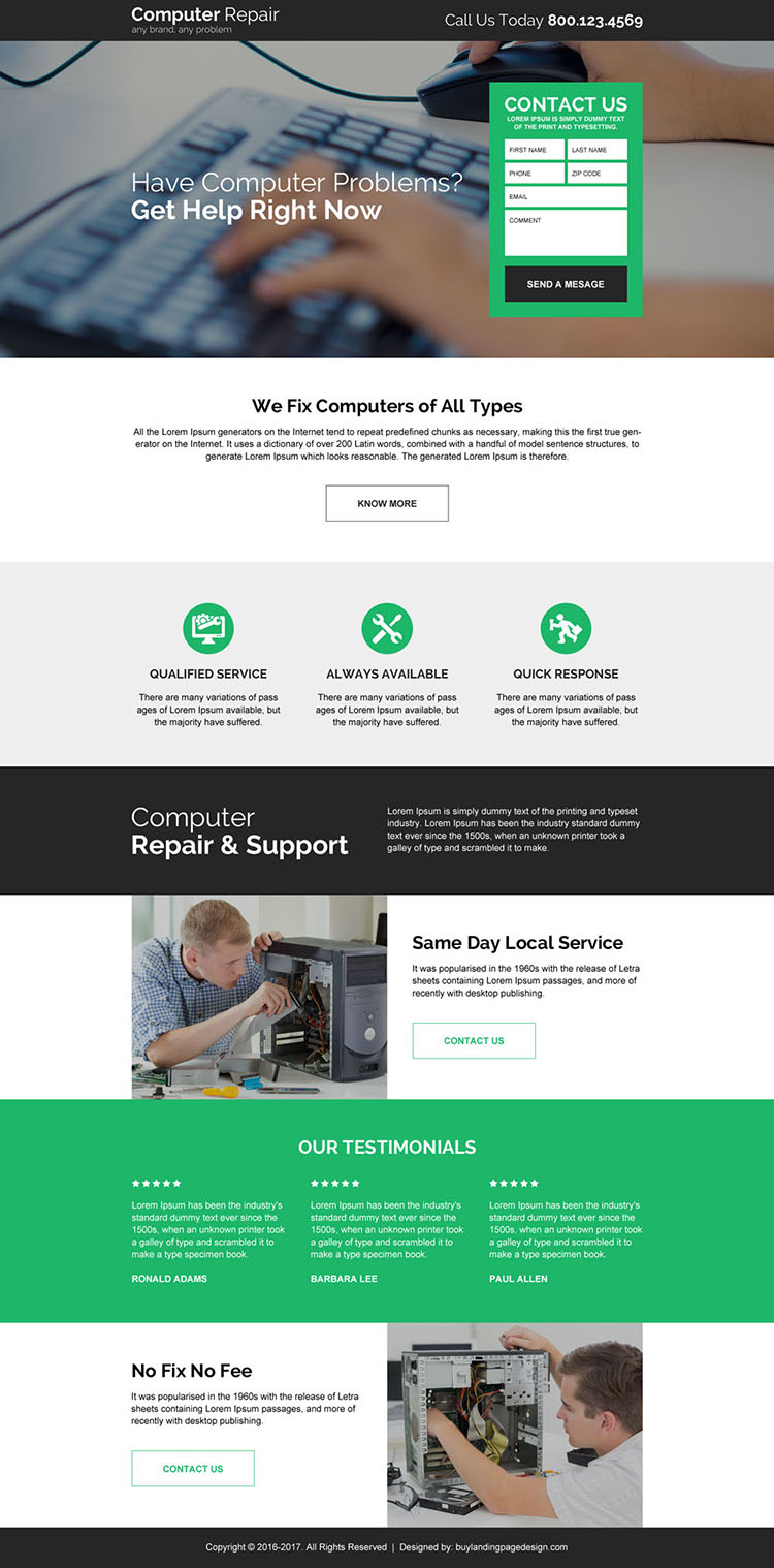 computer repair service responsive landing page design